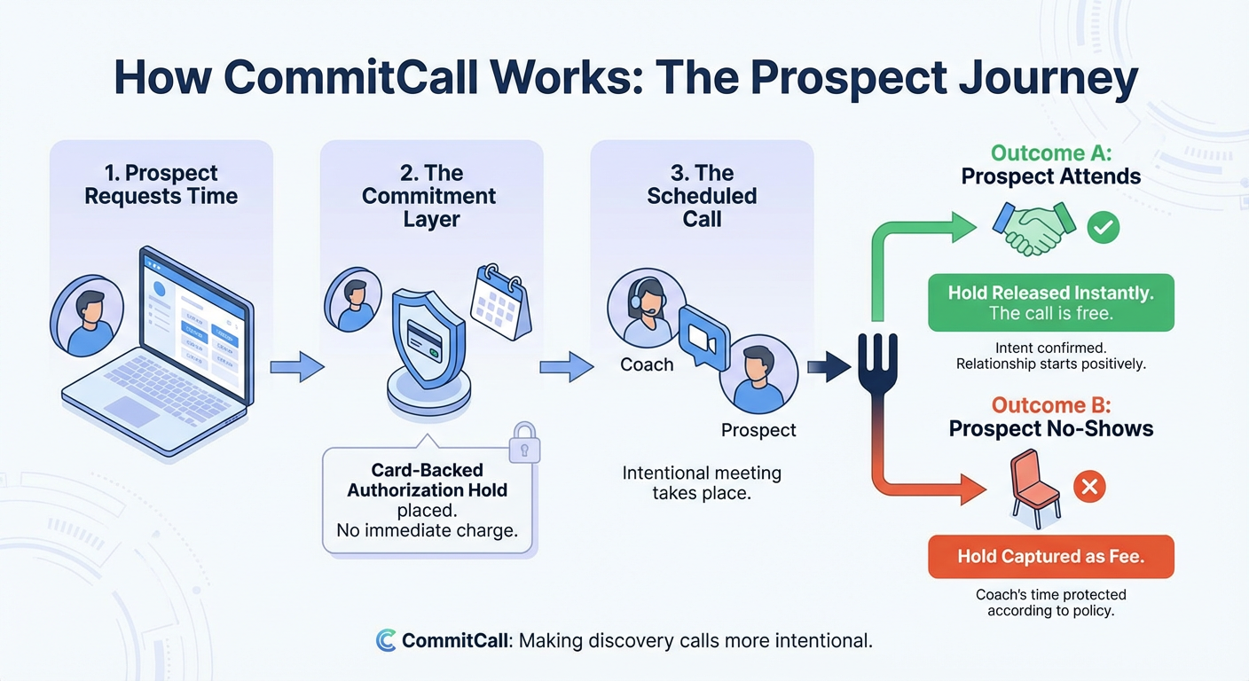 Prospect journey: 1) Prospect requests time on the booking page. 2) Card-backed authorization hold is placed, no immediate charge. 3) Coach and prospect meet on the scheduled call. Outcome A: prospect attends, hold released instantly, the call is free. Outcome B: prospect no-shows, hold captured as fee per policy.